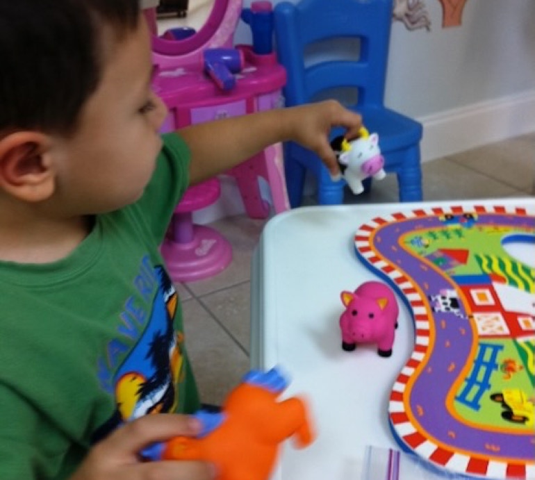 Boy playing with toy animals